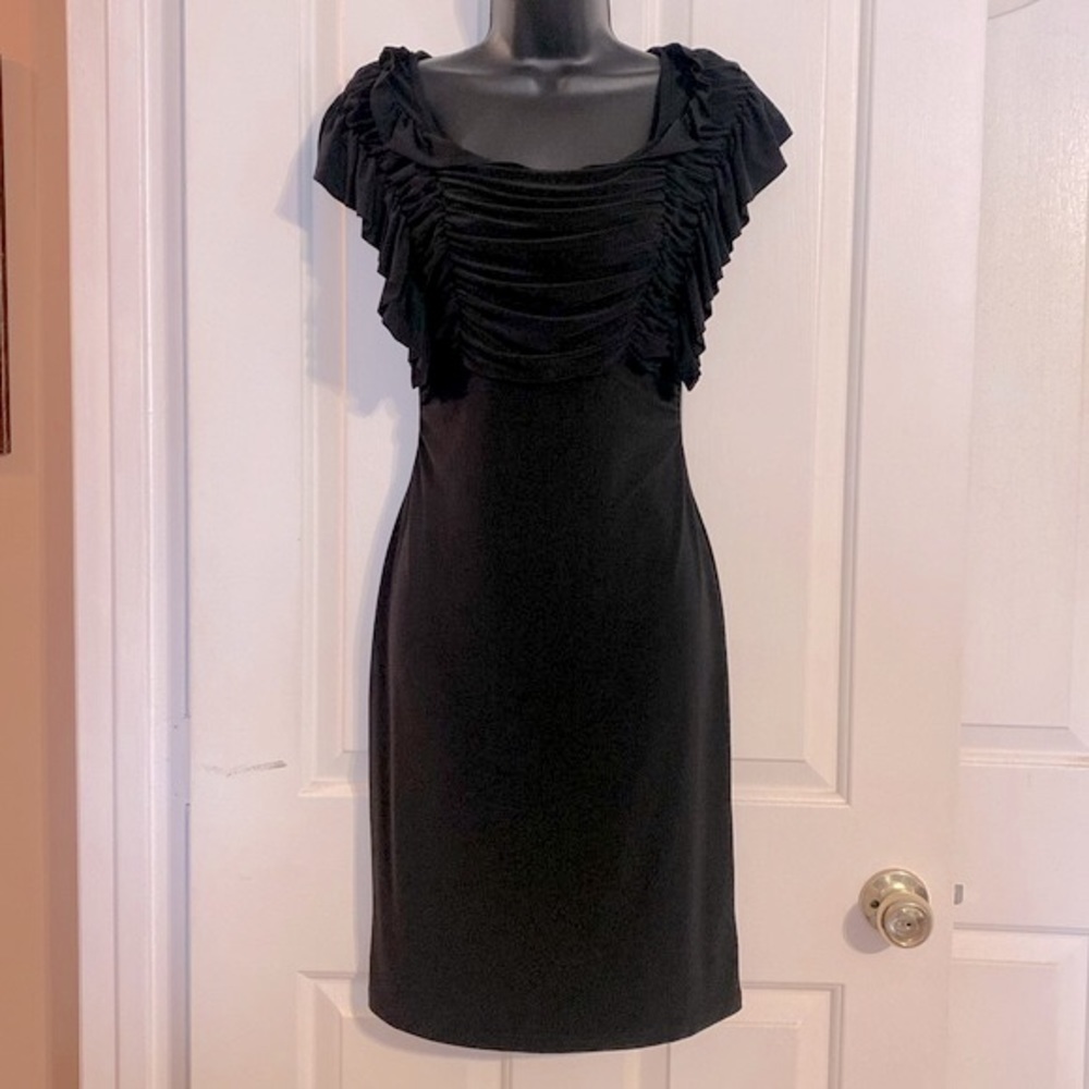 “JOSEPH RIBKOFF” Ruched & Ruffled Little Black Dress